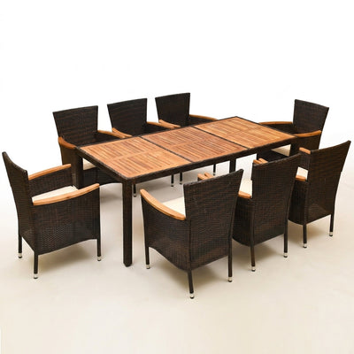 9-Piece Wicker Outdoor Dining Set with Acacia Wood Table and Stackable Cushioned Chairs Dining Set in Off-White