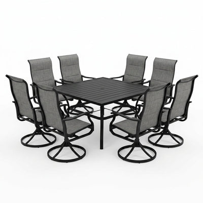 Black 9-Piece Metal Patio Outdoor Dining Set with Slat Square Table and Textilene Swivel Chairs