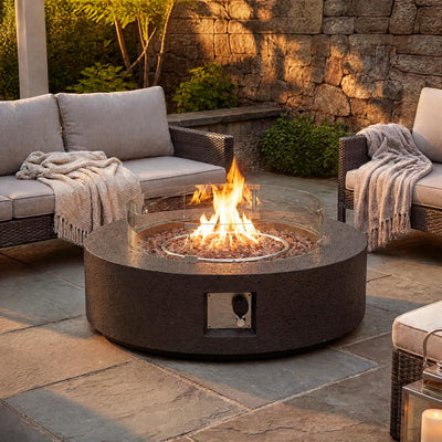 42 Inch Outdoor Propane Fire Pit Coffee Table W Concrete round Base Patio Heater, Certified, 50,000 BTU Stainless Steel Burner, Free Lava Rocks, Wind Guard, Rain Cover