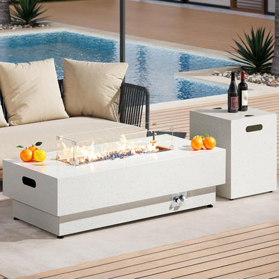 50-Inch Outdoor Propane Fire Pit Table W Tank Table, CSA Certified, Rectangular Patio Fire Pit W Glass Rocks, Wind Guard and Cover, 58000 BTU 2 in 1 Outdoor Heater for Deck Garden, White