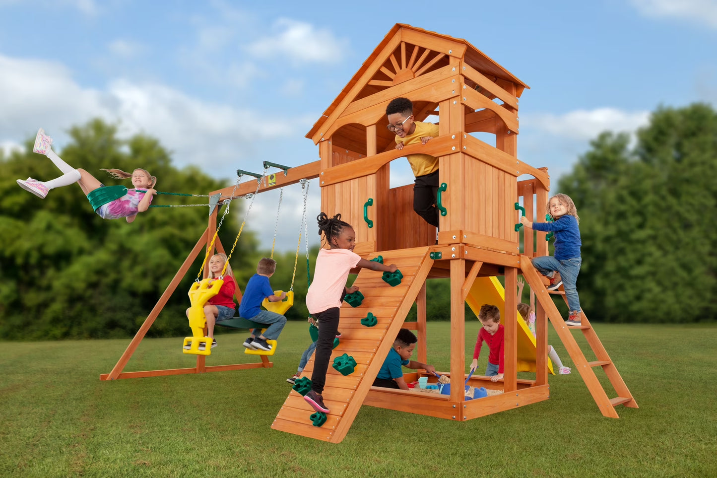 Timber Valley Wooden Playset with Wooden Roof, Glider Swing, Sandbox, Climbing Wall, Ladder, Slide & Belt Swings