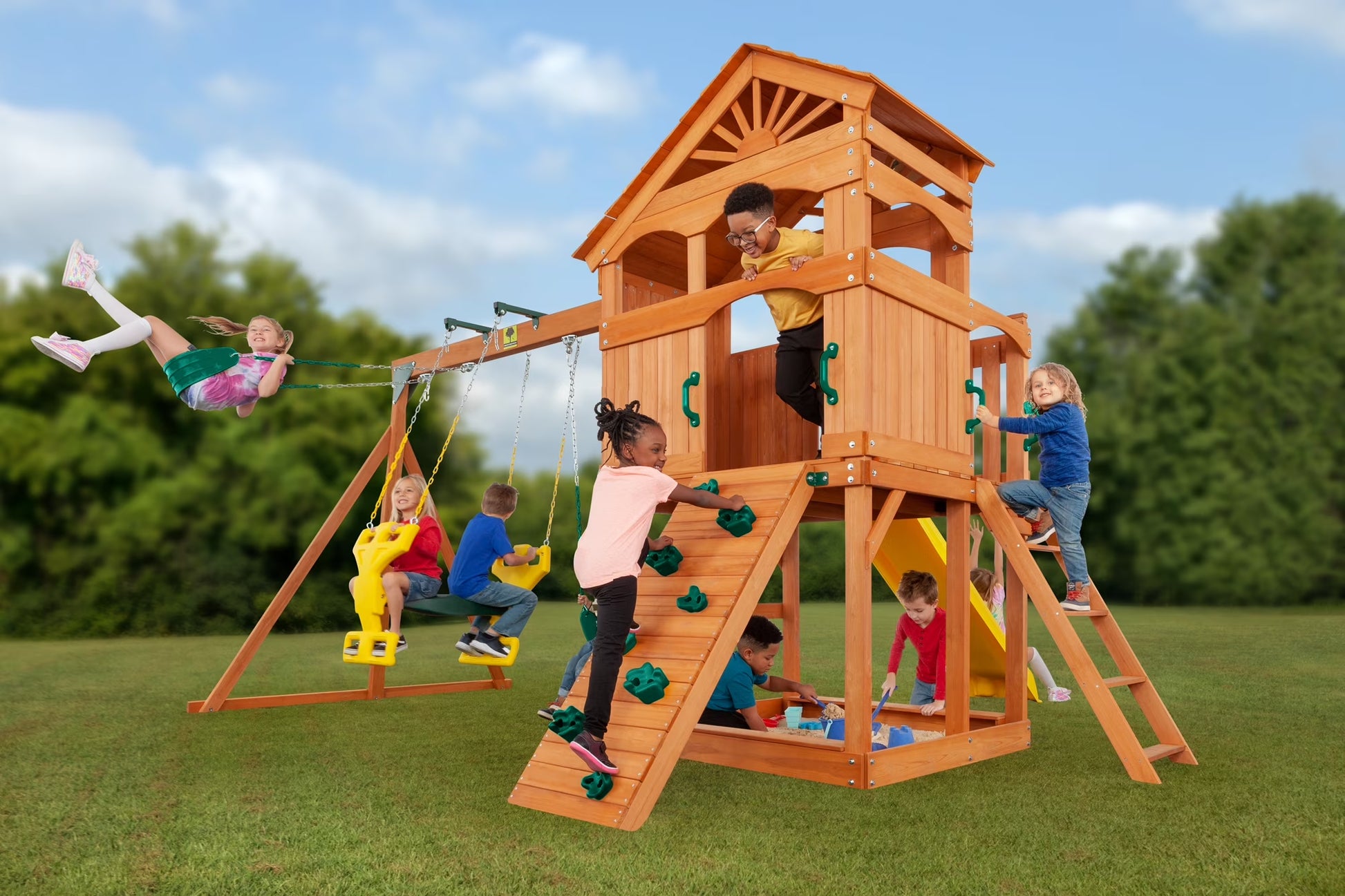 Timber Valley Wooden Playset with Wooden Roof, Glider Swing, Sandbox, Climbing Wall, Ladder, Slide & Belt Swings