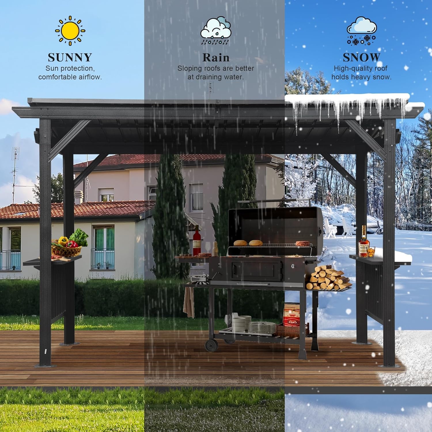 Domi 6.5X12Ft Hardtop Grill Gazebo, Outdoor BBQ Gazebo with 2 Side Shelves and Sloping Galvanized Steel Roof, Metal Permanent Grill Canopy with Ceiling Hooks for Patio, Lawn, Backyard, Deck, Gray