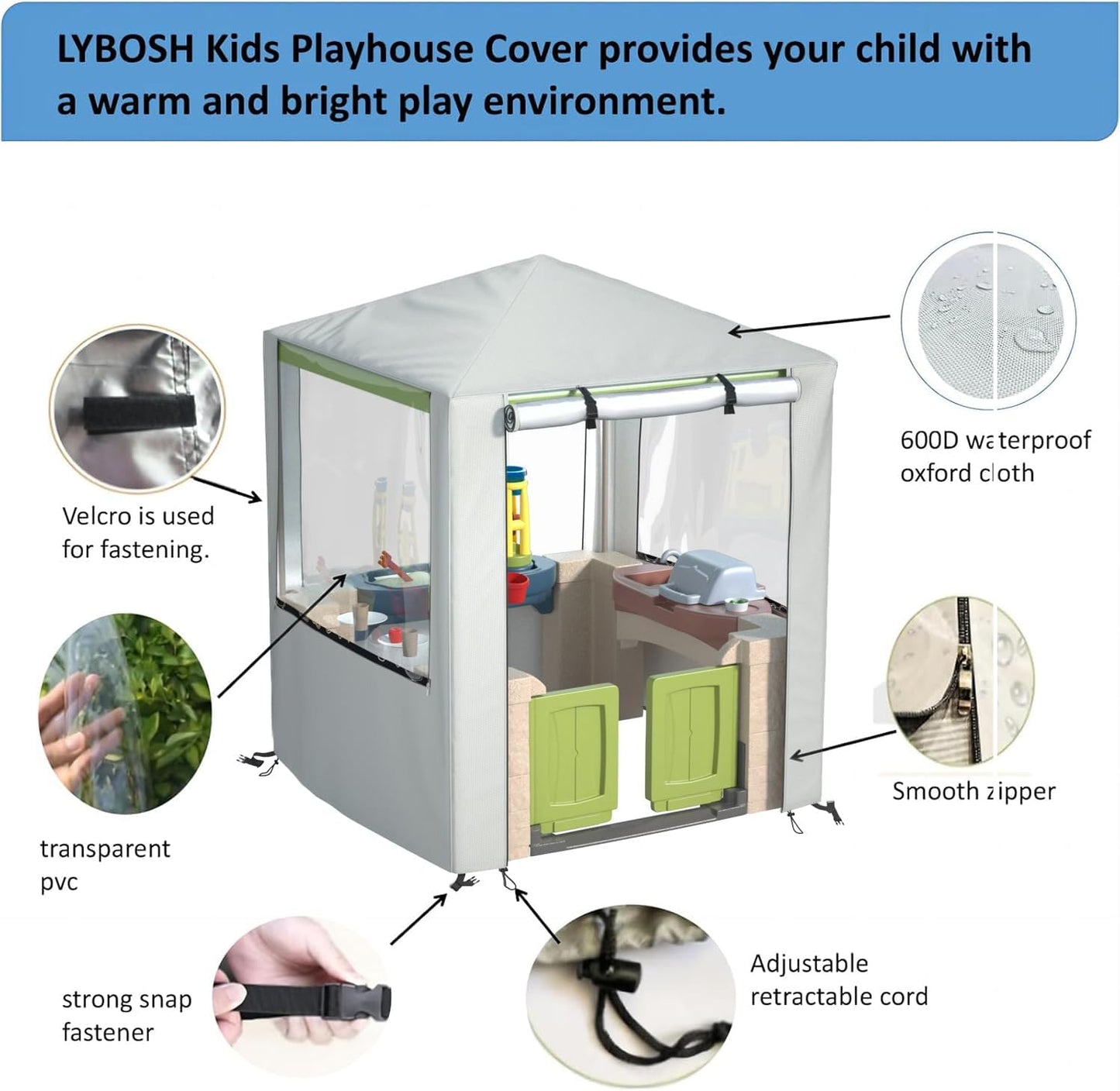Outdoor Kids Playhouse Cover 600D Heavy Duty Waterproof Play House Covers Suitable for All around Playtime Patio with Canopy Playset （49.5" W X 49.5" D X 60.2" H Beige）Only Cover