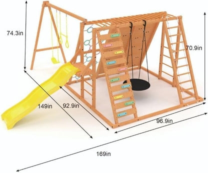 Sycamore Backyard Ultimate Climbing Set with 2 Swings and Trapeze Bar - Outdoor Playset for Kids with Gymnastics Bar, Rock Climbing Holds, and Sensory Playground Accessories - Wooden Swingset for Ages