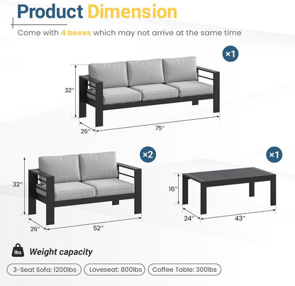 8 Pieces Patio Conversation Sets, Aluminum Outdoor Couch with Coffee Table, All-Weather Metal Patio Sofa with 5" Thick and Soft Cushion and Wide Arm, Outdoor Sofa Sets for Balcony, Porch, Light Gray