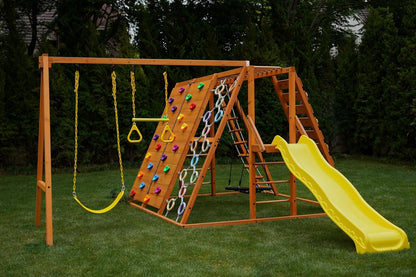 Sycamore Backyard Ultimate Climbing Set with 2 Swings and Trapeze Bar - Outdoor Playset for Kids with Gymnastics Bar, Rock Climbing Holds, and Sensory Playground Accessories - Wooden Swingset for Ages