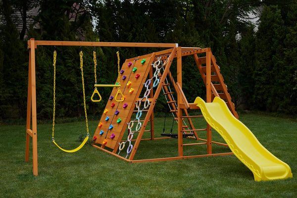 Sycamore Backyard Ultimate Climbing Set with 2 Swings and Trapeze Bar - Outdoor Playset for Kids with Gymnastics Bar, Rock Climbing Holds, and Sensory Playground Accessories - Wooden Swingset for Ages