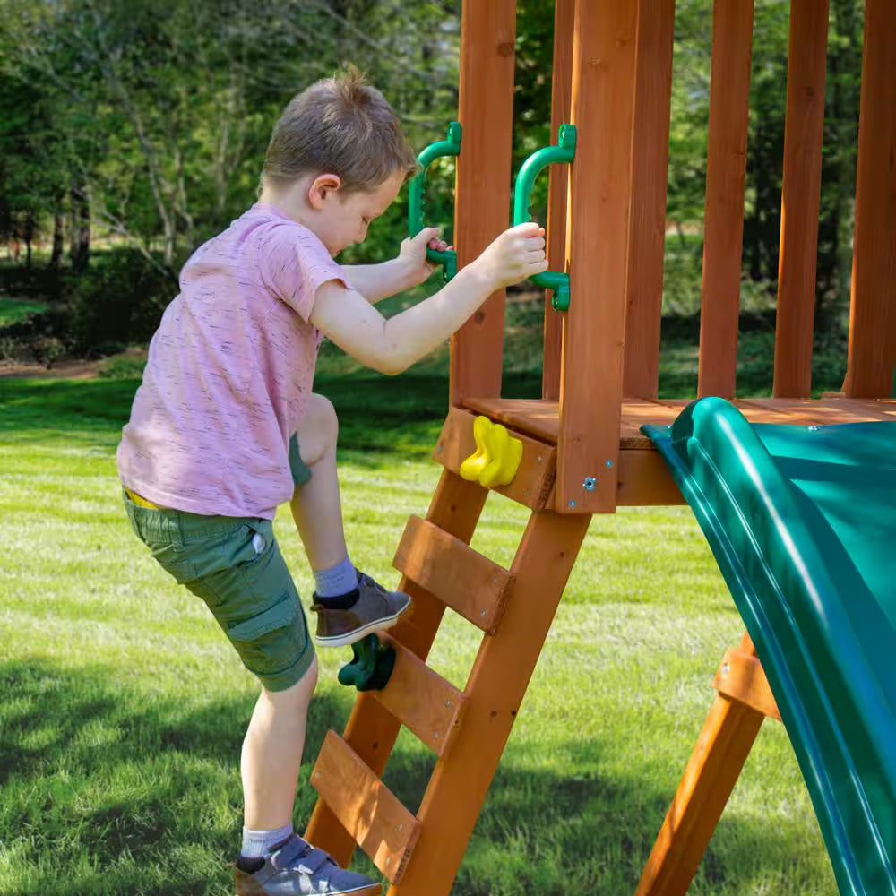 DIY Ranger plus Wooden Outdoor Playground Set with Slide, Rock Wall, and Swing Set