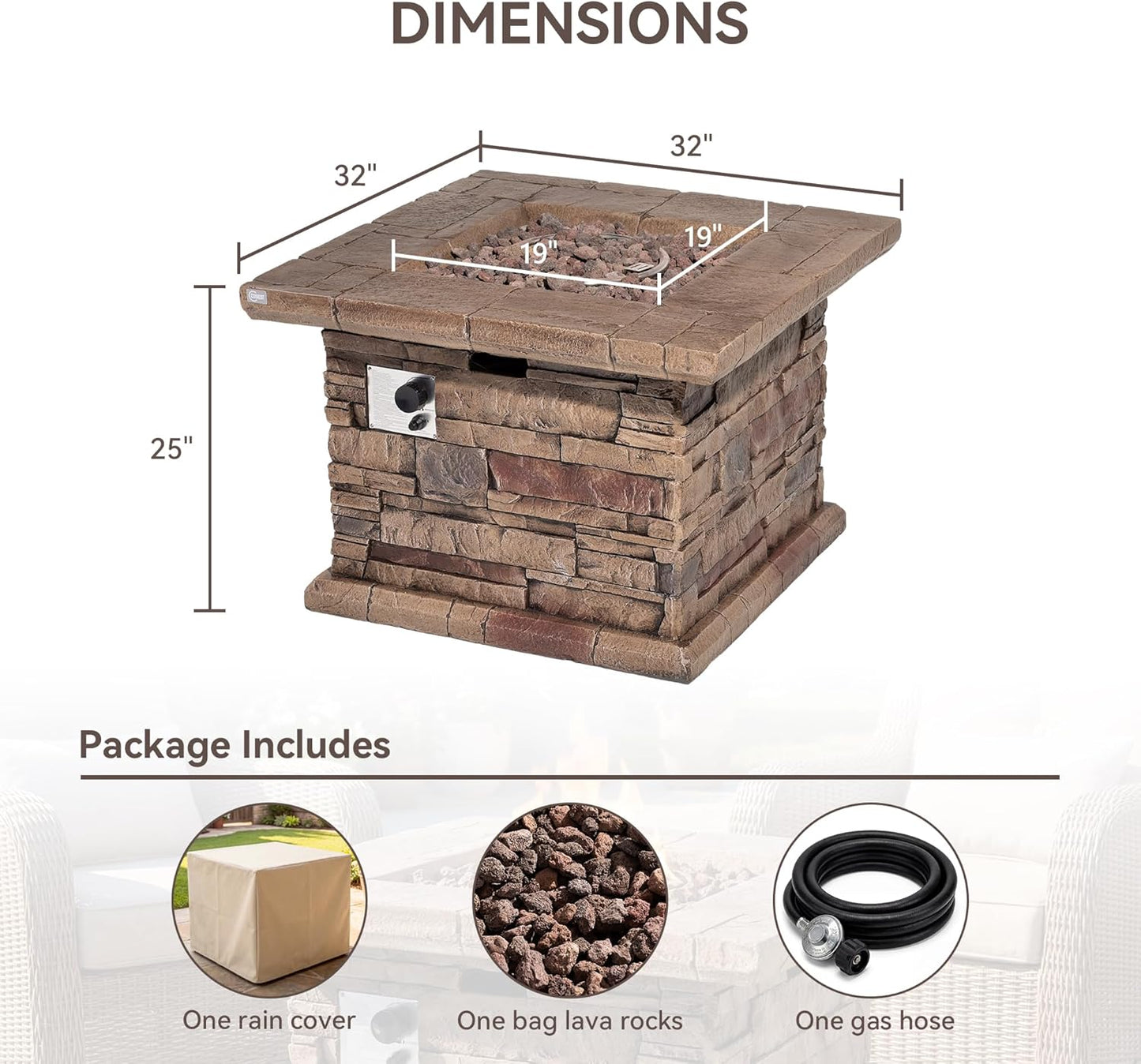 Outdoor Propane Fire Pit Table W Faux Brown Ledgestone 32-Inch Square Fire Table, Certified, 50,000 BTU Stainless Steel Burner, Free Lava Rocks, Fits 20Lb Tank Inside