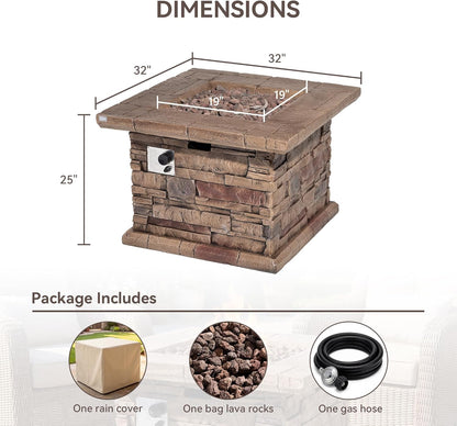 Outdoor Propane Fire Pit Table W Faux Brown Ledgestone 32-Inch Square Fire Table, Certified, 50,000 BTU Stainless Steel Burner, Free Lava Rocks, Fits 20Lb Tank Inside