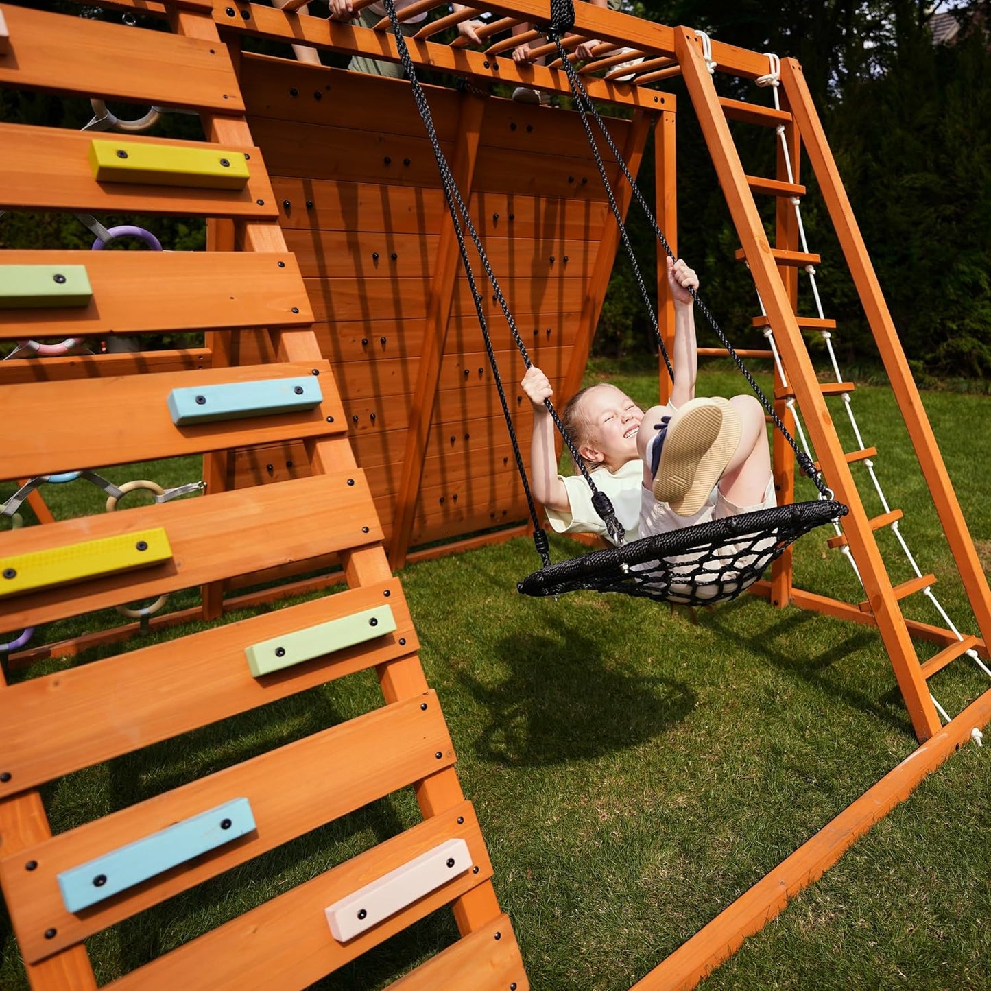 Sycamore Backyard Ultimate Climbing Set with 2 Swings and Trapeze Bar - Outdoor Playset for Kids with Gymnastics Bar, Rock Climbing Holds, and Sensory Playground Accessories - Wooden Swingset for Ages