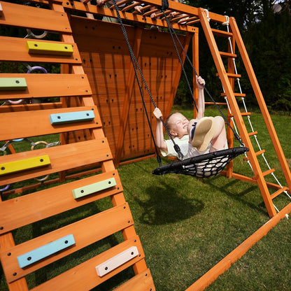 Sycamore Backyard Ultimate Climbing Set with 2 Swings and Trapeze Bar - Outdoor Playset for Kids with Gymnastics Bar, Rock Climbing Holds, and Sensory Playground Accessories - Wooden Swingset for Ages