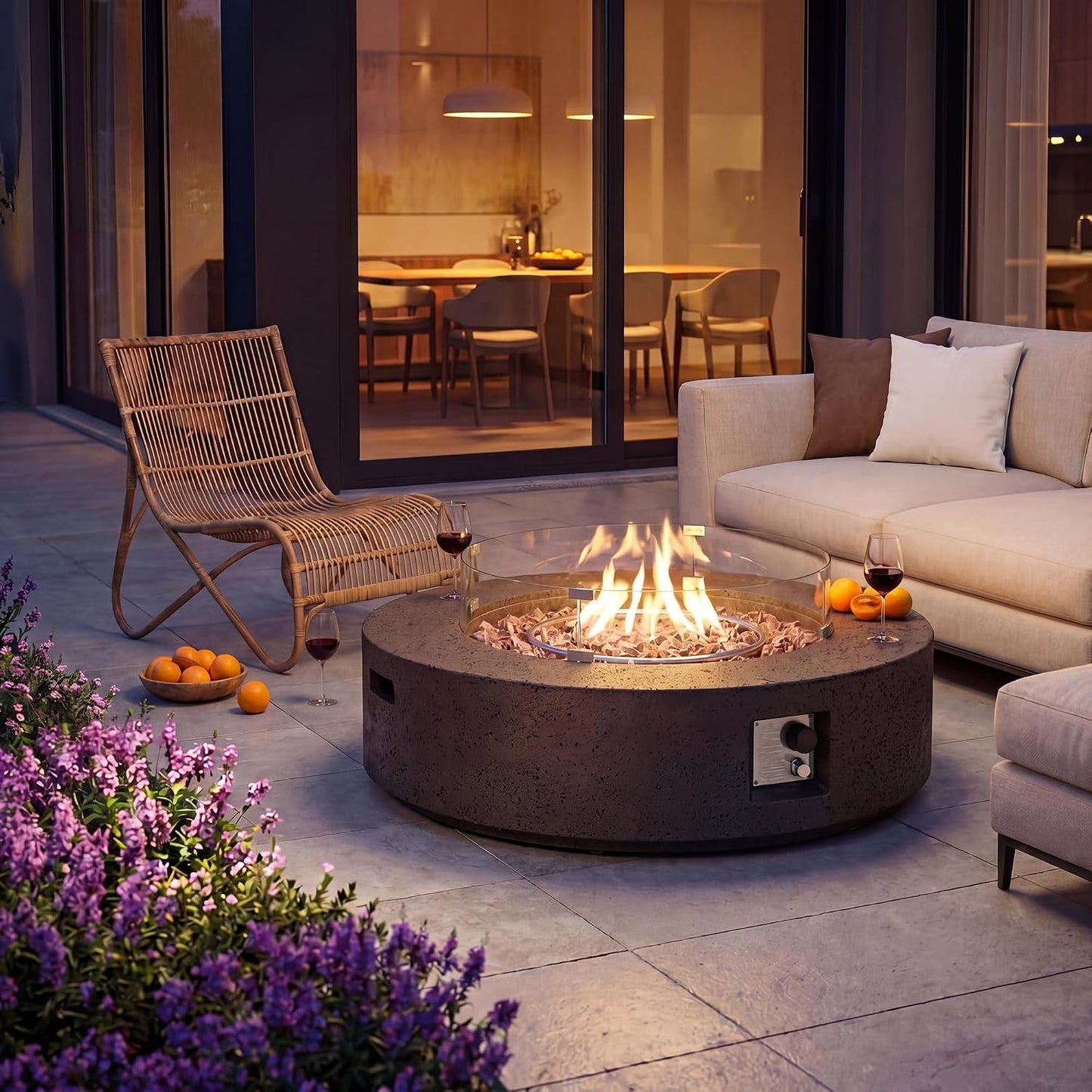 42 Inch Outdoor Propane Fire Pit Coffee Table W Concrete round Base Patio Heater, Certified, 50,000 BTU Stainless Steel Burner, Free Lava Rocks, Wind Guard, Rain Cover