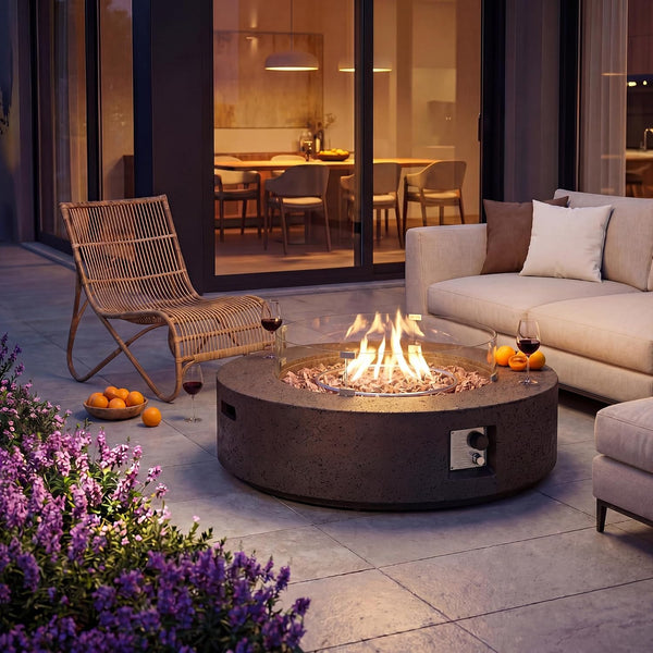 42 Inch Outdoor Propane Fire Pit Coffee Table W Concrete round Base Patio Heater, Certified, 50,000 BTU Stainless Steel Burner, Free Lava Rocks, Wind Guard, Rain Cover