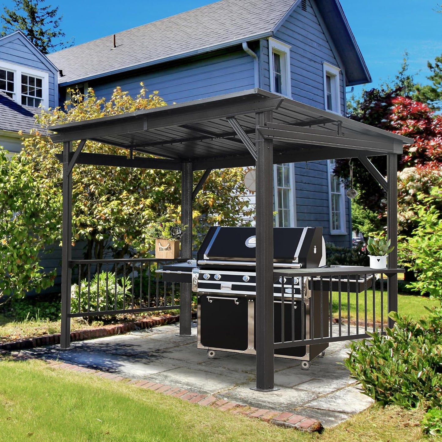 Domi 6.5X12Ft Hardtop Grill Gazebo, Outdoor BBQ Gazebo with 2 Side Shelves and Sloping Galvanized Steel Roof, Metal Permanent Grill Canopy with Ceiling Hooks for Patio, Lawn, Backyard, Deck, Gray