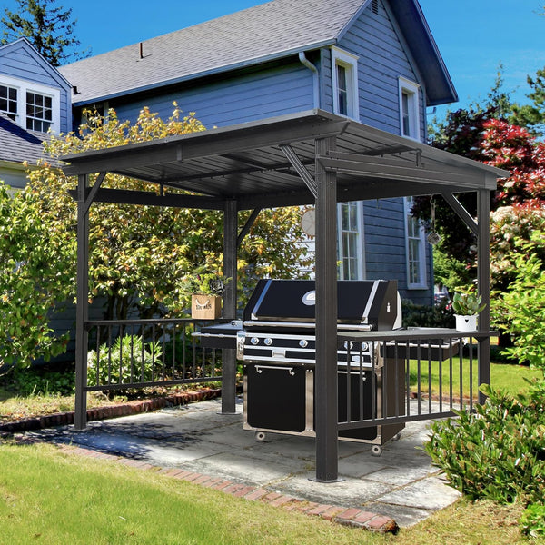 Domi 6.5X12Ft Hardtop Grill Gazebo, Outdoor BBQ Gazebo with 2 Side Shelves and Sloping Galvanized Steel Roof, Metal Permanent Grill Canopy with Ceiling Hooks for Patio, Lawn, Backyard, Deck, Gray