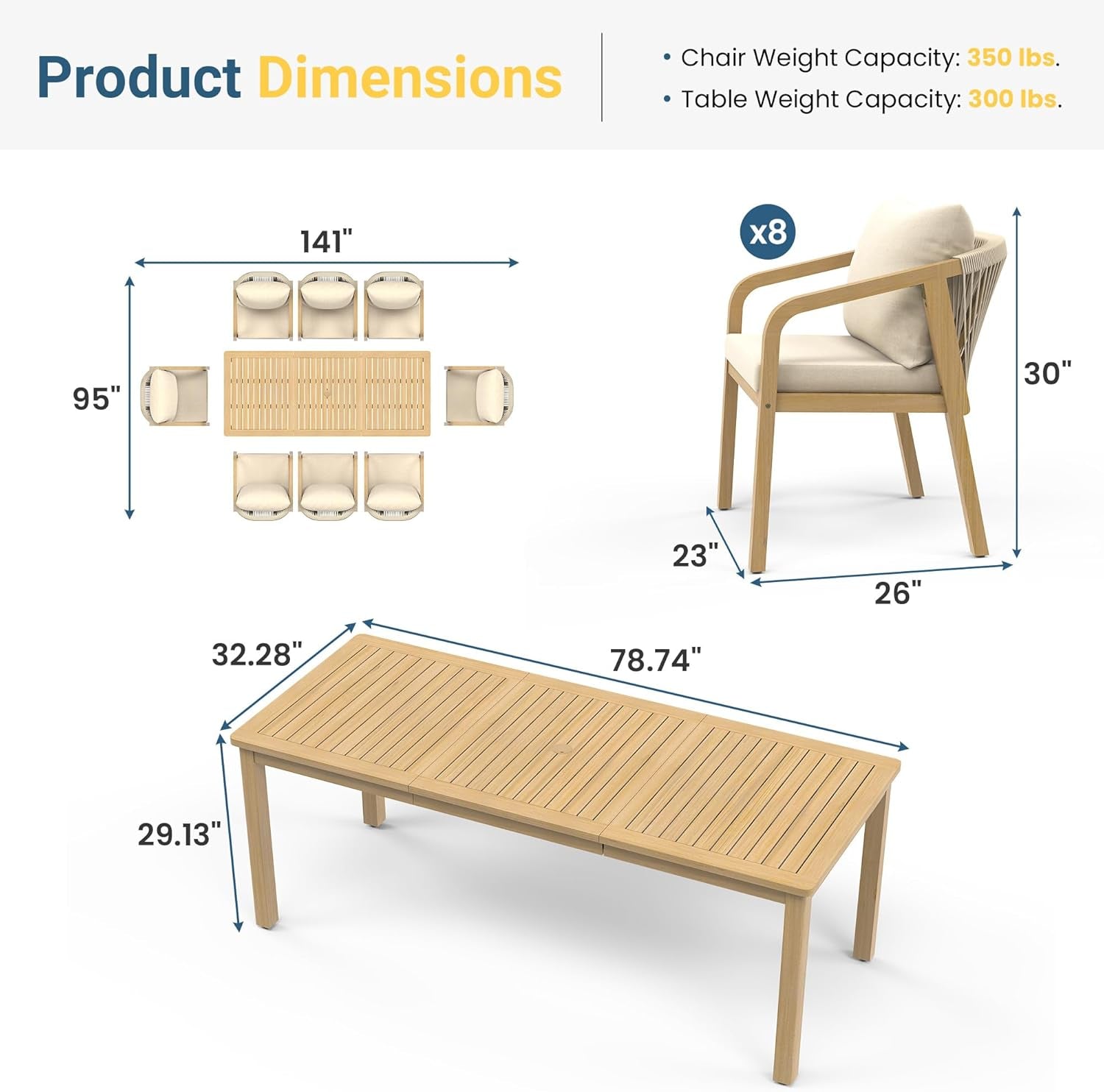 9 Pieces Acacia Outdoor Patio Table and Chairs Set for 8, Patio Outdoor Dining Table Set with Cushion, Modern Outdoor Patio Table Set for Lawn Backyard Garden Deck, Beige