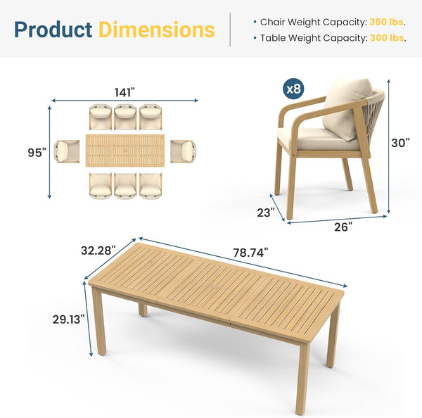 9 Pieces Acacia Outdoor Patio Table and Chairs Set for 8, Patio Outdoor Dining Table Set with Cushion, Modern Outdoor Patio Table Set for Lawn Backyard Garden Deck, Beige