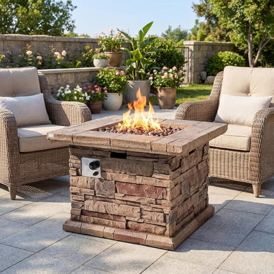 Outdoor Propane Fire Pit Table W Faux Brown Ledgestone 32-Inch Square Fire Table, Certified, 50,000 BTU Stainless Steel Burner, Free Lava Rocks, Fits 20Lb Tank Inside