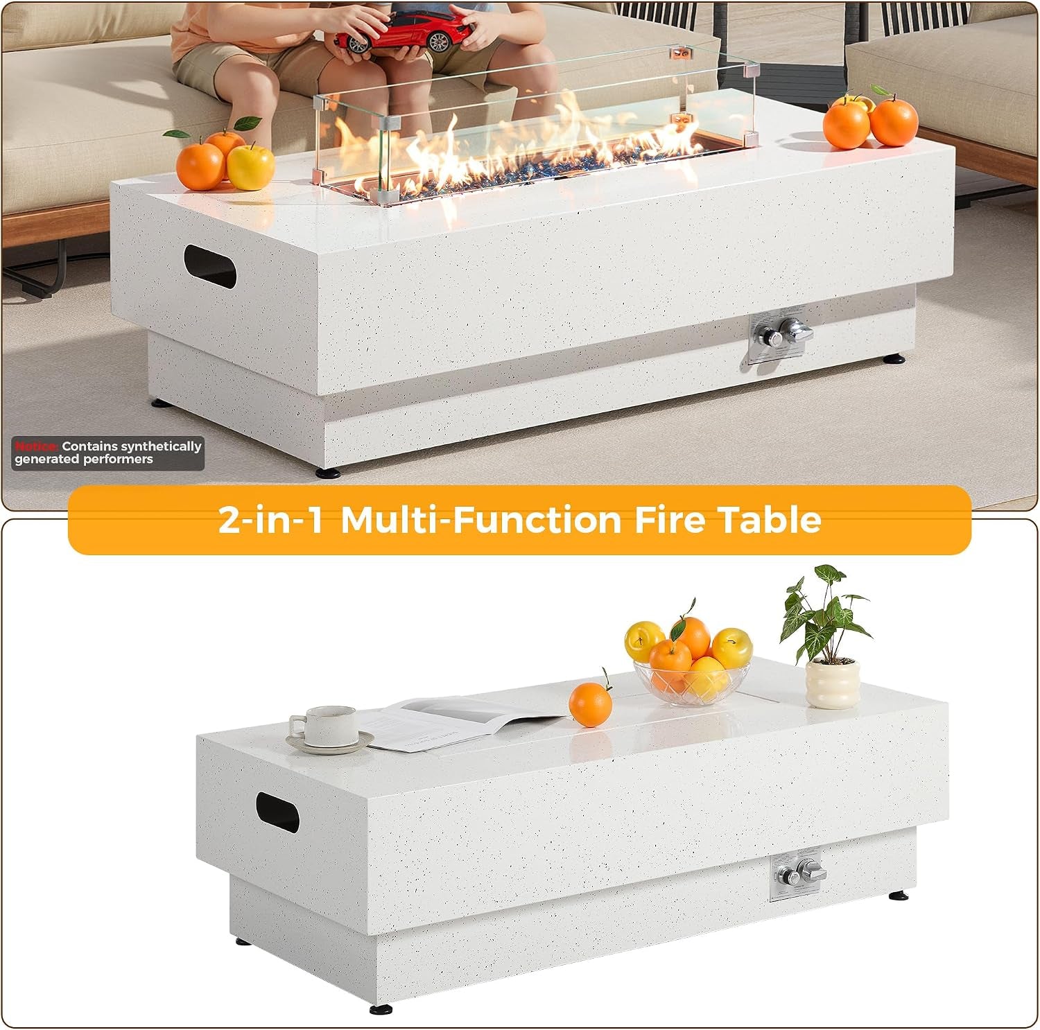 50-Inch Outdoor Propane Fire Pit Table W Tank Table, CSA Certified, Rectangular Patio Fire Pit W Glass Rocks, Wind Guard and Cover, 58000 BTU 2 in 1 Outdoor Heater for Deck Garden, White