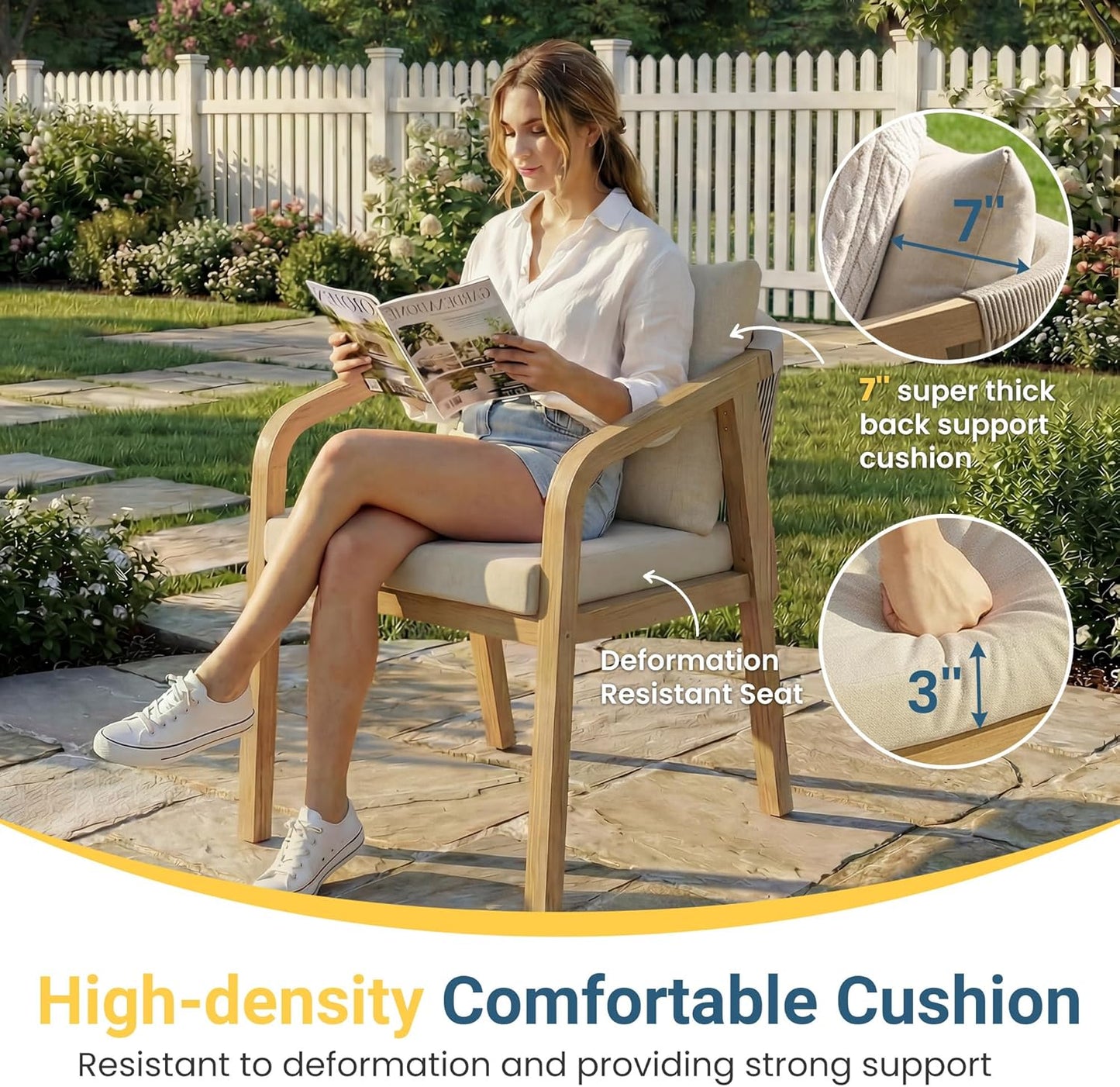 9 Pieces Acacia Outdoor Patio Table and Chairs Set for 8, Patio Outdoor Dining Table Set with Cushion, Modern Outdoor Patio Table Set for Lawn Backyard Garden Deck, Beige