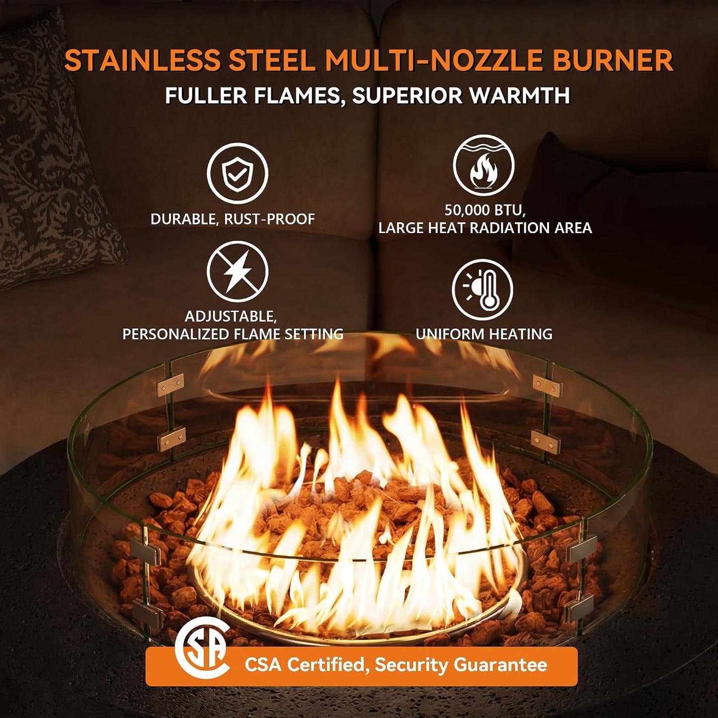 42 Inch Outdoor Propane Fire Pit Coffee Table W Concrete round Base Patio Heater, Certified, 50,000 BTU Stainless Steel Burner, Free Lava Rocks, Wind Guard, Rain Cover