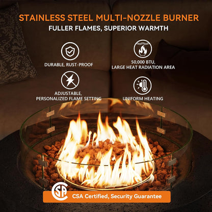 42 Inch Outdoor Propane Fire Pit Coffee Table W Concrete round Base Patio Heater, Certified, 50,000 BTU Stainless Steel Burner, Free Lava Rocks, Wind Guard, Rain Cover