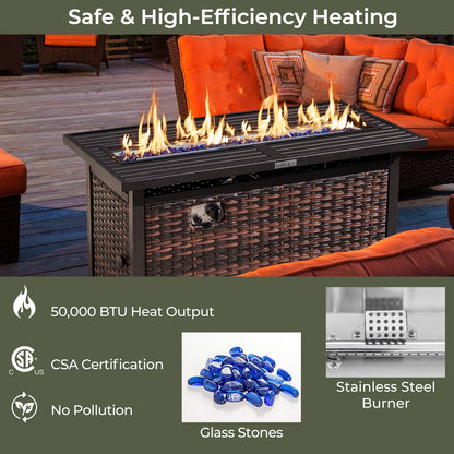 45 Inch Propane Rattan Firepit Table with Glass Stones and Protective Cover-Mixed Brown