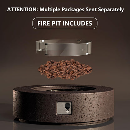 42 Inch Outdoor Propane Fire Pit Coffee Table W Concrete round Base Patio Heater, Certified, 50,000 BTU Stainless Steel Burner, Free Lava Rocks, Wind Guard, Rain Cover