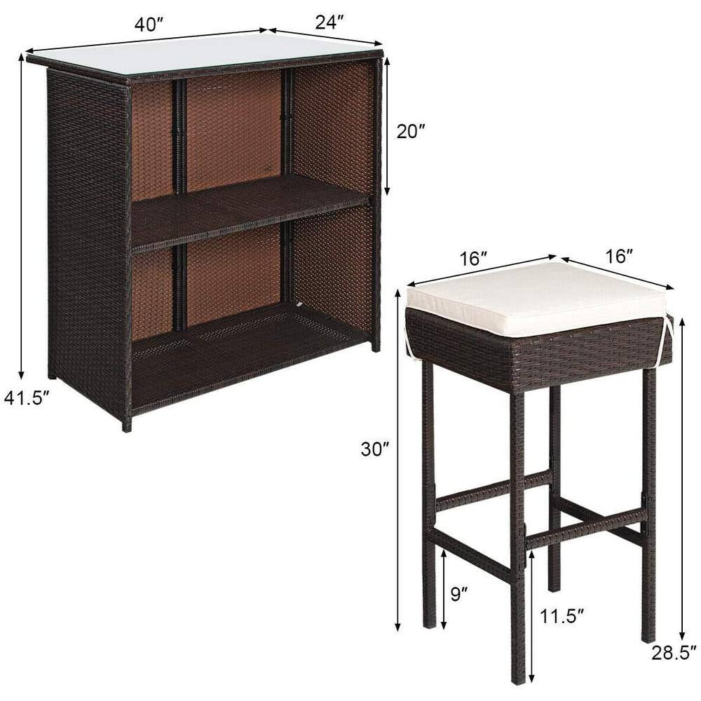 Wicker Outdoor Bar Patio Table with White Cushioned Stools (3-Pieces)