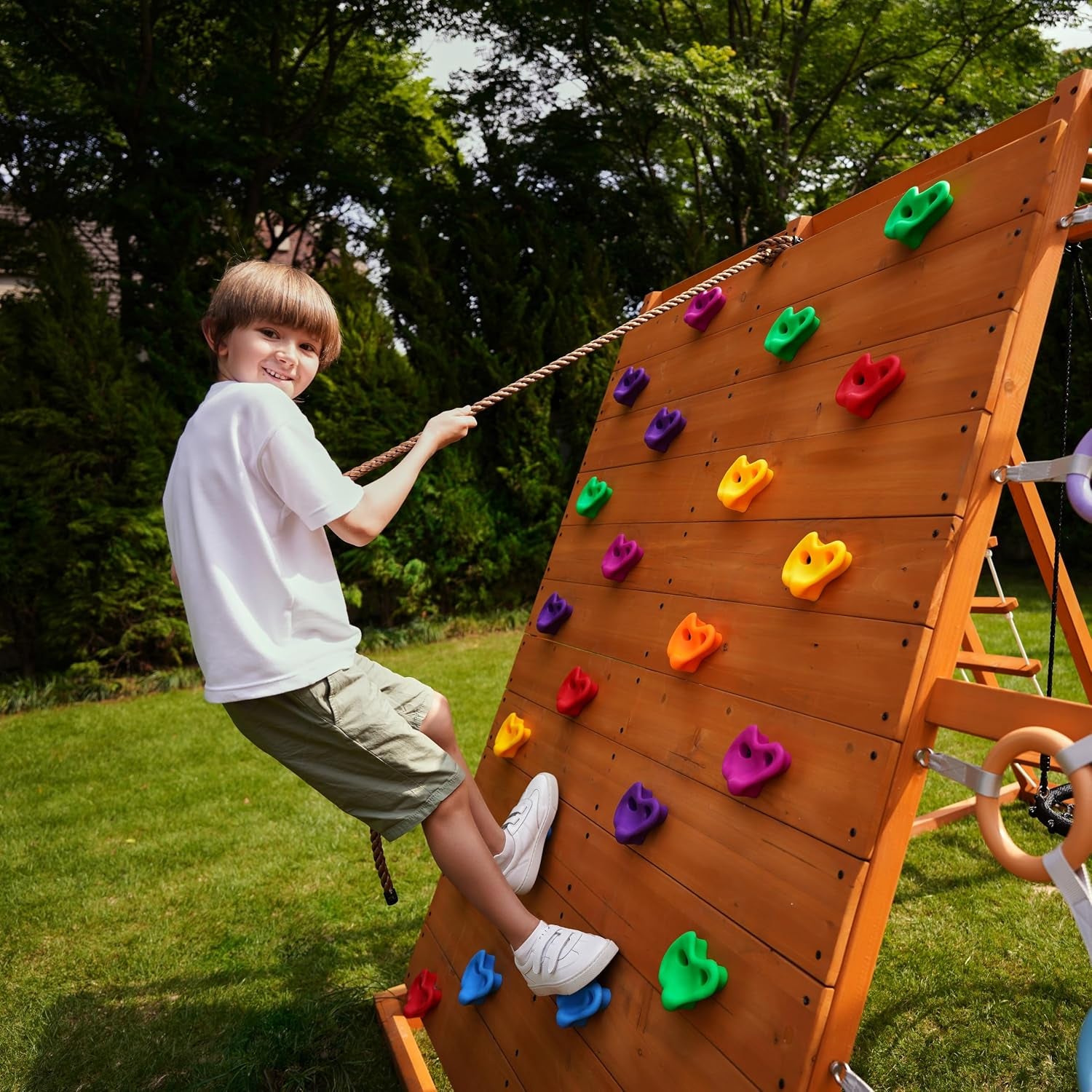 Sycamore Backyard Ultimate Climbing Set with 2 Swings and Trapeze Bar - Outdoor Playset for Kids with Gymnastics Bar, Rock Climbing Holds, and Sensory Playground Accessories - Wooden Swingset for Ages