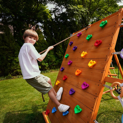 Sycamore Backyard Ultimate Climbing Set with 2 Swings and Trapeze Bar - Outdoor Playset for Kids with Gymnastics Bar, Rock Climbing Holds, and Sensory Playground Accessories - Wooden Swingset for Ages