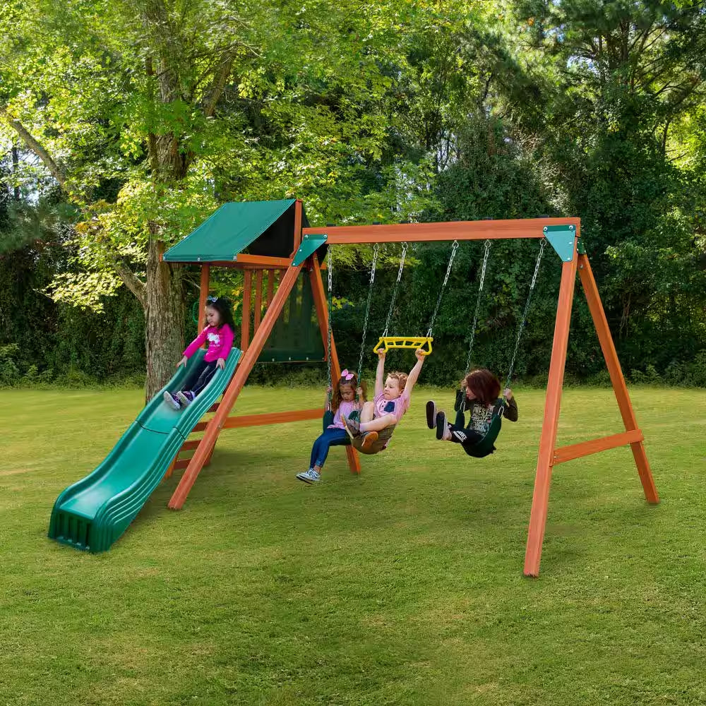 DIY Ranger plus Wooden Outdoor Playground Set with Slide, Rock Wall, and Swing Set