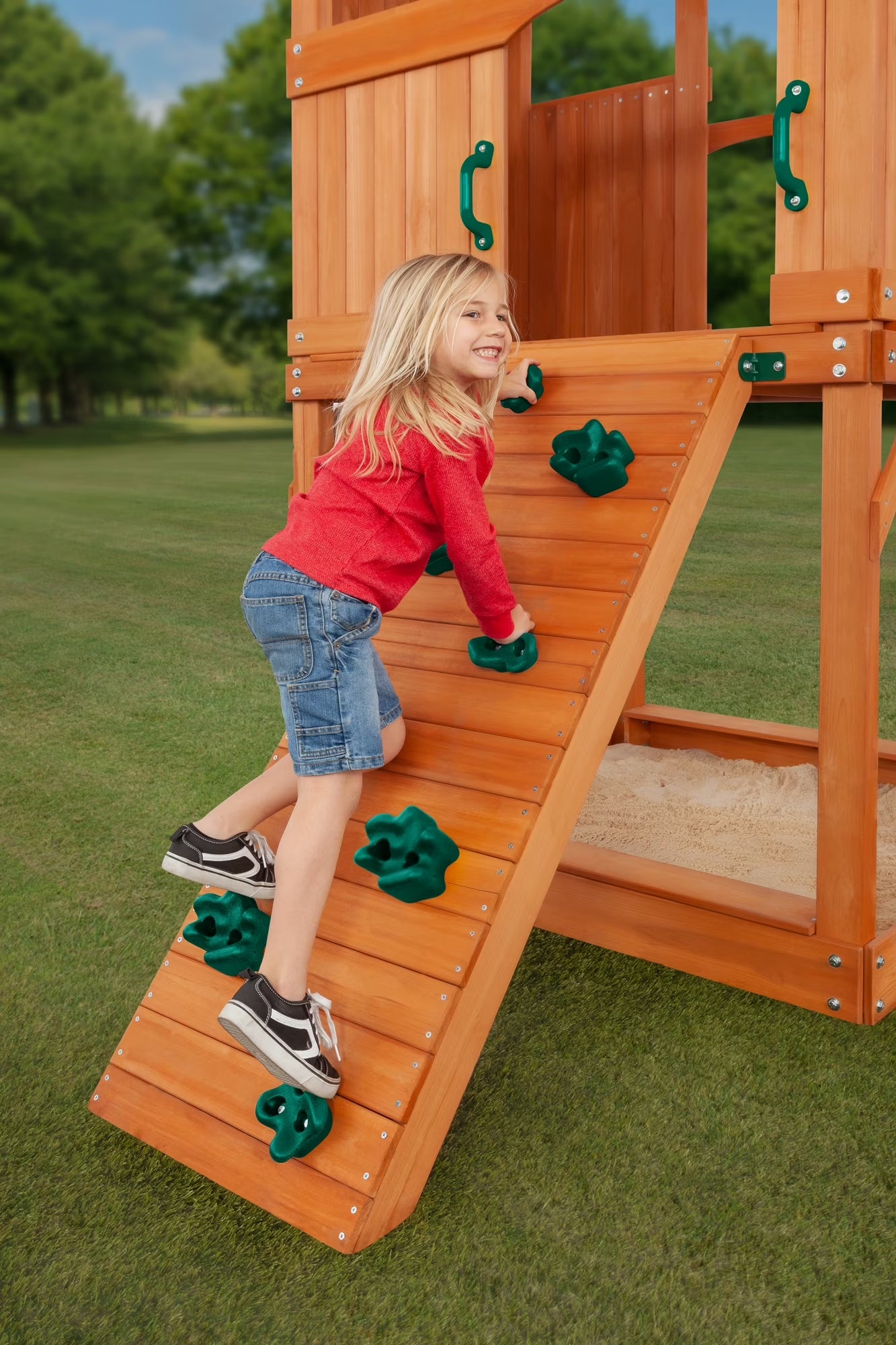 Timber Valley Wooden Playset with Wooden Roof, Glider Swing, Sandbox, Climbing Wall, Ladder, Slide & Belt Swings