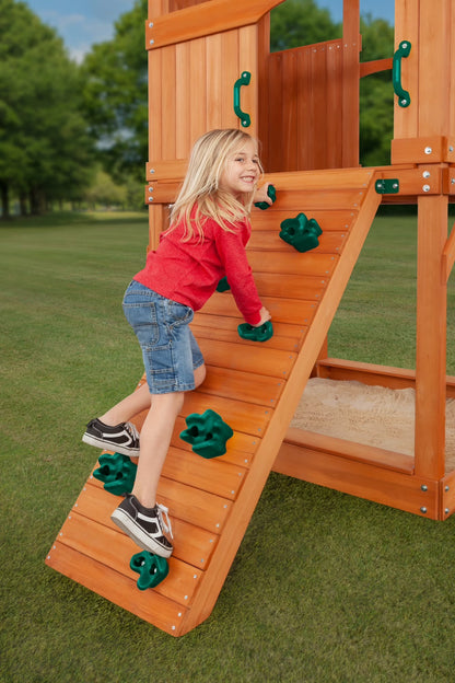 Timber Valley Wooden Playset with Wooden Roof, Glider Swing, Sandbox, Climbing Wall, Ladder, Slide & Belt Swings