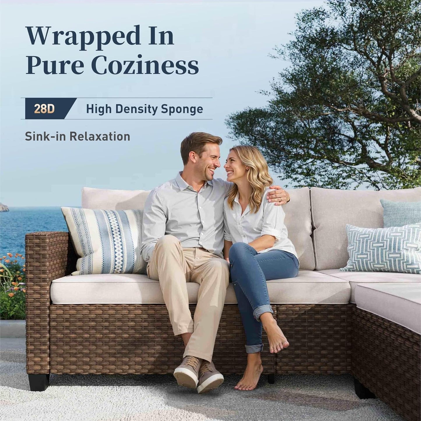 Patio Furniture Set Outdoor Furniture Brown Wicker Rattan Patio Conversation Sets with Cushion outside Sofa Set,6 Pieces with Rectangular Firepit Table,7 Seats,Beige