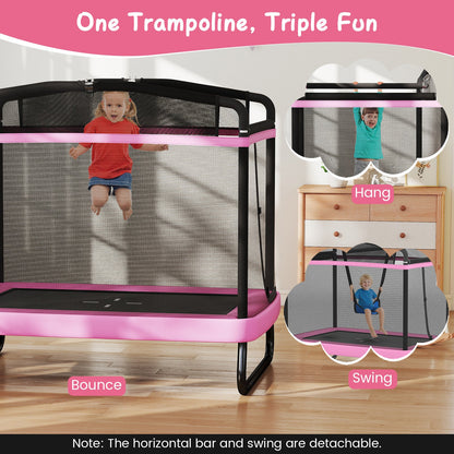 6 FT Kids Trampoline with Swing and Horizontal Bar Small Rectangle Trampoline