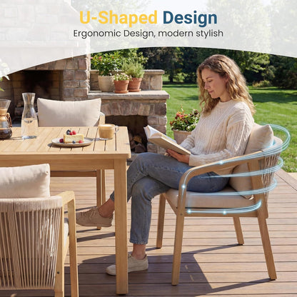 9 Pieces Acacia Outdoor Patio Table and Chairs Set for 8, Patio Outdoor Dining Table Set with Cushion, Modern Outdoor Patio Table Set for Lawn Backyard Garden Deck, Beige