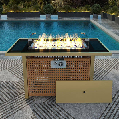 43 In. Propane Gas Fire Pit Table, 60000 BTU Rectangular Open Weave Wicker Fire Pit with Glass Wind Guard in Yellow