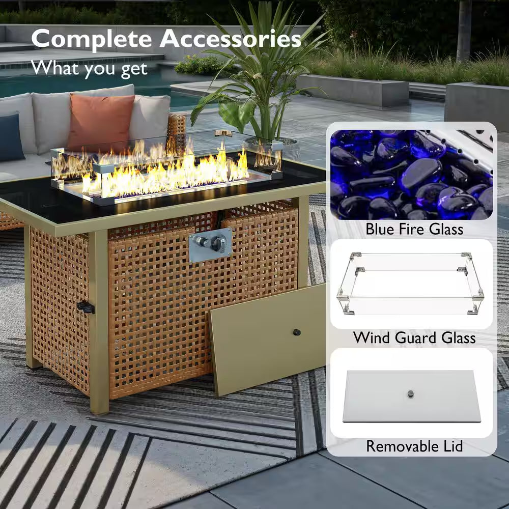 43 In. Propane Gas Fire Pit Table, 60000 BTU Rectangular Open Weave Wicker Fire Pit with Glass Wind Guard in Yellow