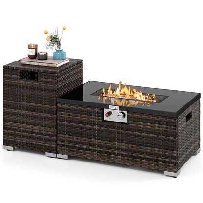 2-Piece Outdoor Rattan Fire Table Set 32 Inch Rectangle Gas Firepit with Tank Cover