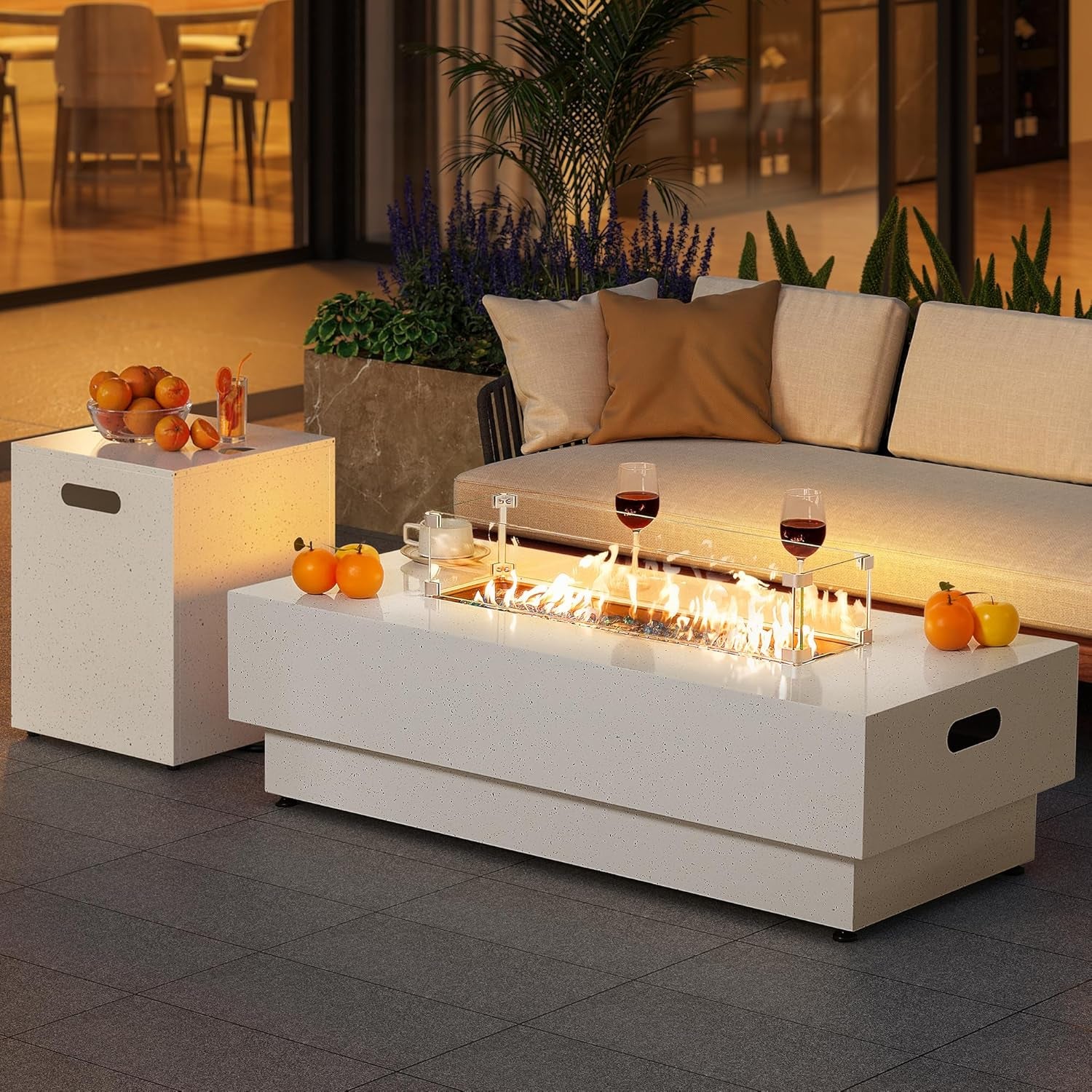 50-Inch Outdoor Propane Fire Pit Table W Tank Table, CSA Certified, Rectangular Patio Fire Pit W Glass Rocks, Wind Guard and Cover, 58000 BTU 2 in 1 Outdoor Heater for Deck Garden, White