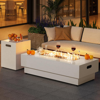 50-Inch Outdoor Propane Fire Pit Table W Tank Table, CSA Certified, Rectangular Patio Fire Pit W Glass Rocks, Wind Guard and Cover, 58000 BTU 2 in 1 Outdoor Heater for Deck Garden, White