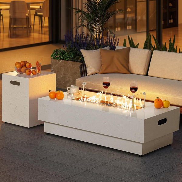 50-Inch Outdoor Propane Fire Pit Table W Tank Table, CSA Certified, Rectangular Patio Fire Pit W Glass Rocks, Wind Guard and Cover, 58000 BTU 2 in 1 Outdoor Heater for Deck Garden, White