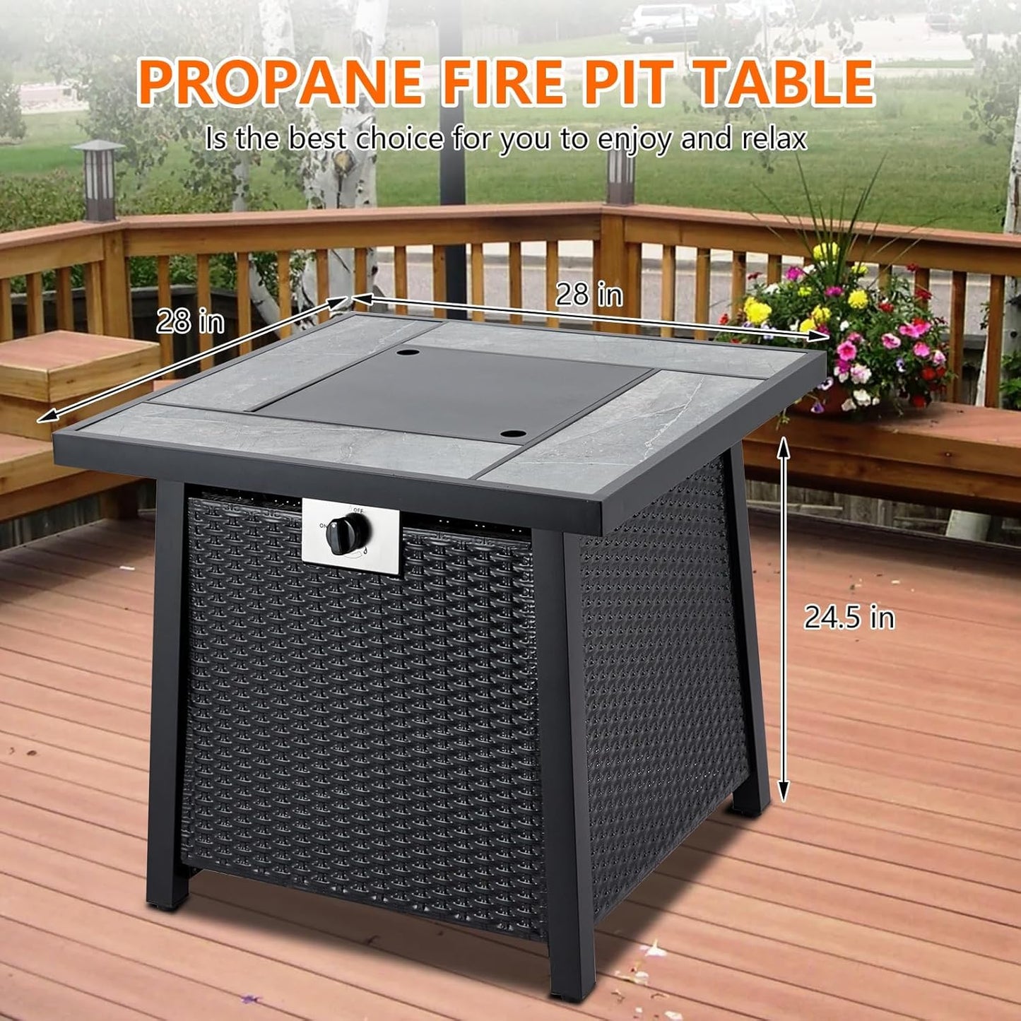 28 Inch Gas Fire Pit Outdoor Firepit Table, 50000BTU Rectangle Propane Fire Table with Lid & Lava Rock for outside Garden Backyard Deck Patio, CSA Safety Certified