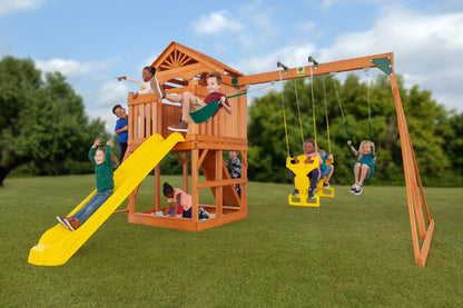 Timber Valley Wooden Playset with Wooden Roof, Glider Swing, Sandbox, Climbing Wall, Ladder, Slide & Belt Swings