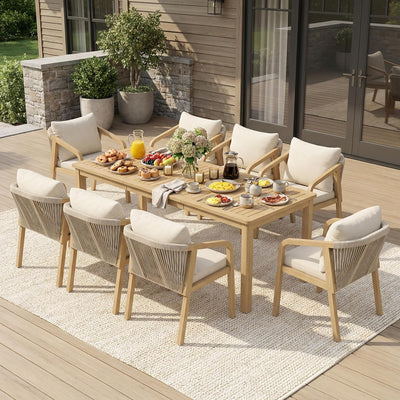 9 Pieces Acacia Outdoor Patio Table and Chairs Set for 8, Patio Outdoor Dining Table Set with Cushion, Modern Outdoor Patio Table Set for Lawn Backyard Garden Deck, Beige