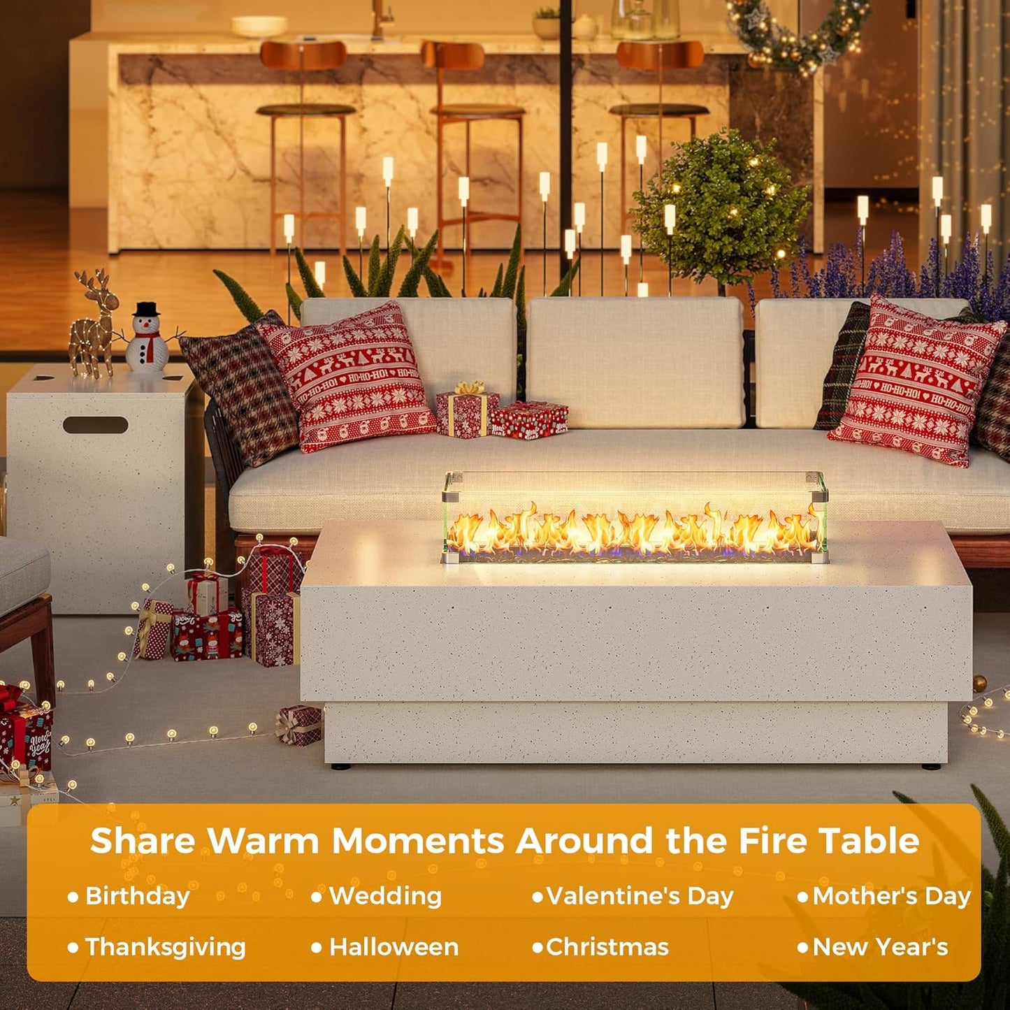 50-Inch Outdoor Propane Fire Pit Table W Tank Table, CSA Certified, Rectangular Patio Fire Pit W Glass Rocks, Wind Guard and Cover, 58000 BTU 2 in 1 Outdoor Heater for Deck Garden, White