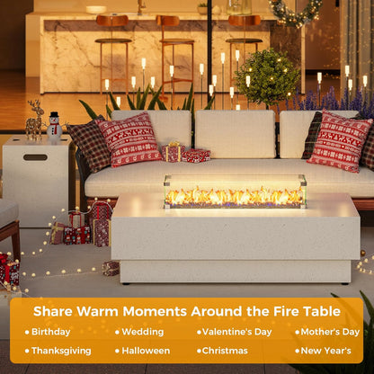 50-Inch Outdoor Propane Fire Pit Table W Tank Table, CSA Certified, Rectangular Patio Fire Pit W Glass Rocks, Wind Guard and Cover, 58000 BTU 2 in 1 Outdoor Heater for Deck Garden, White